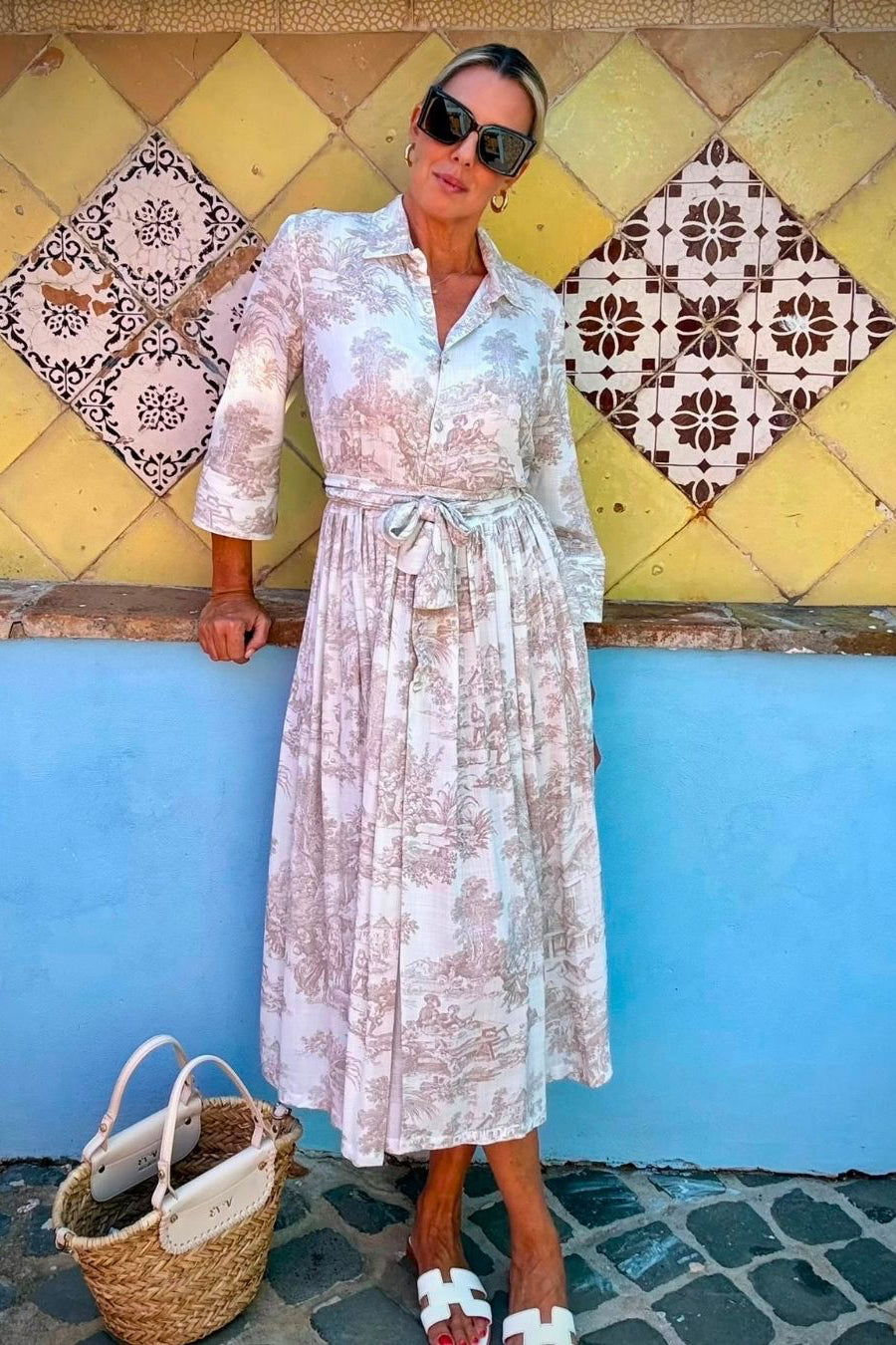Abito Sofia stampa in Toile de Jouy Champagne
