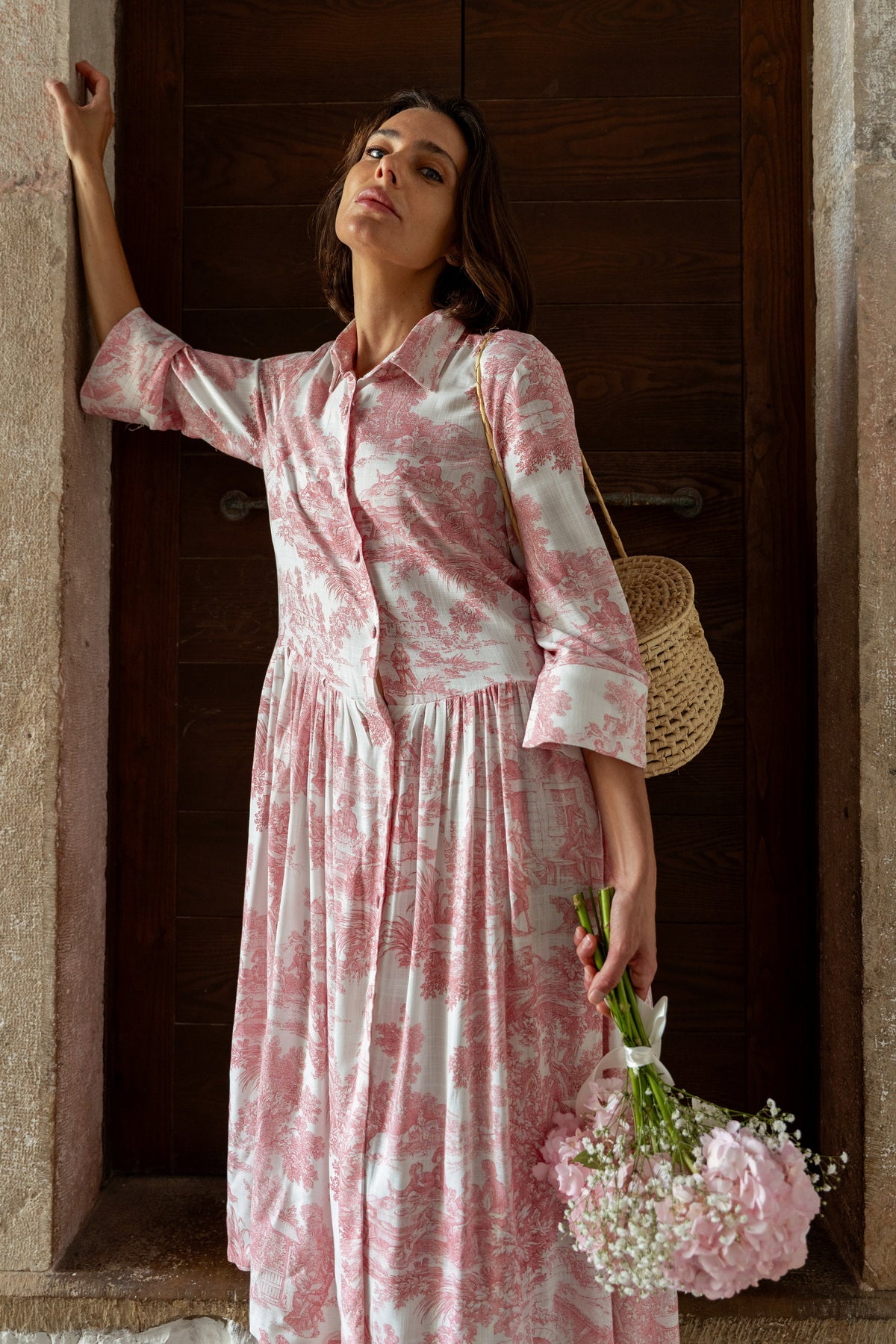 Abito Sofia stampa in Toile de Jouy rosa