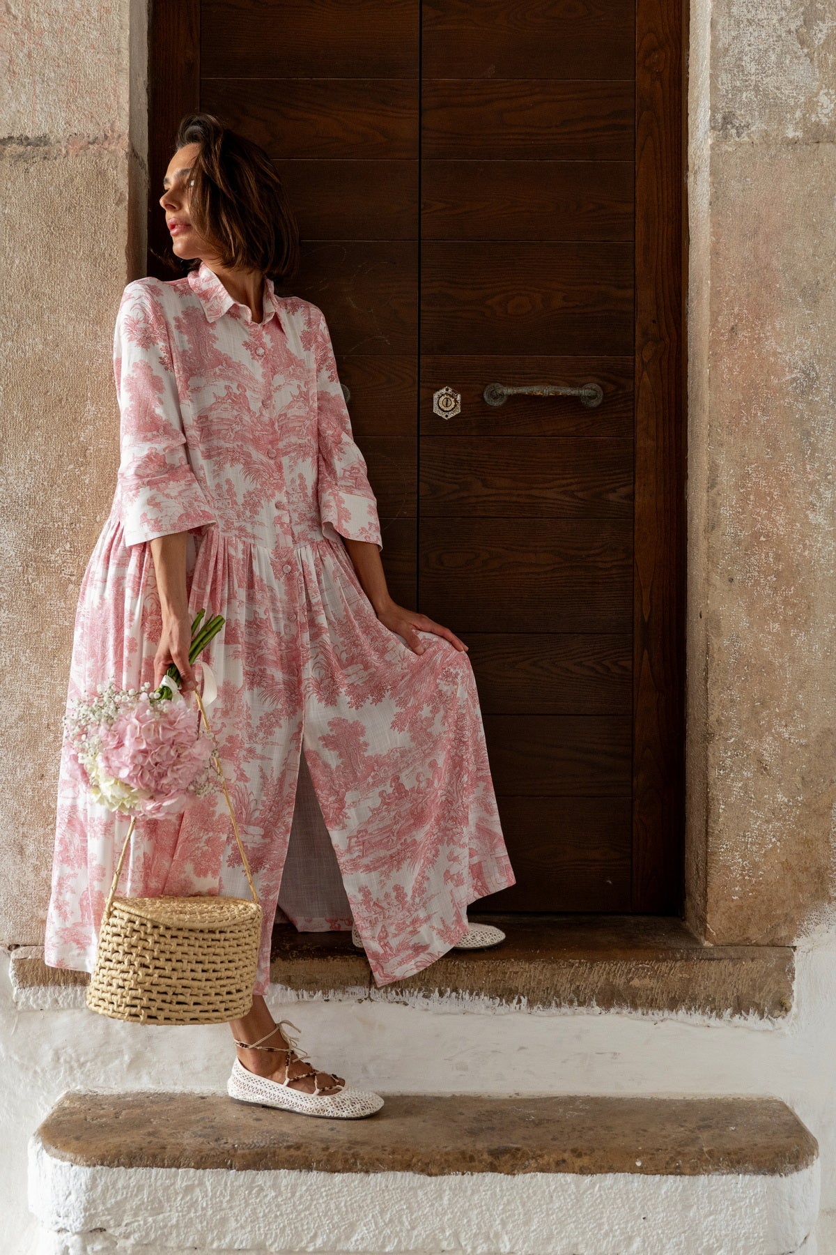 Abito Sofia stampa in Toile de Jouy rosa