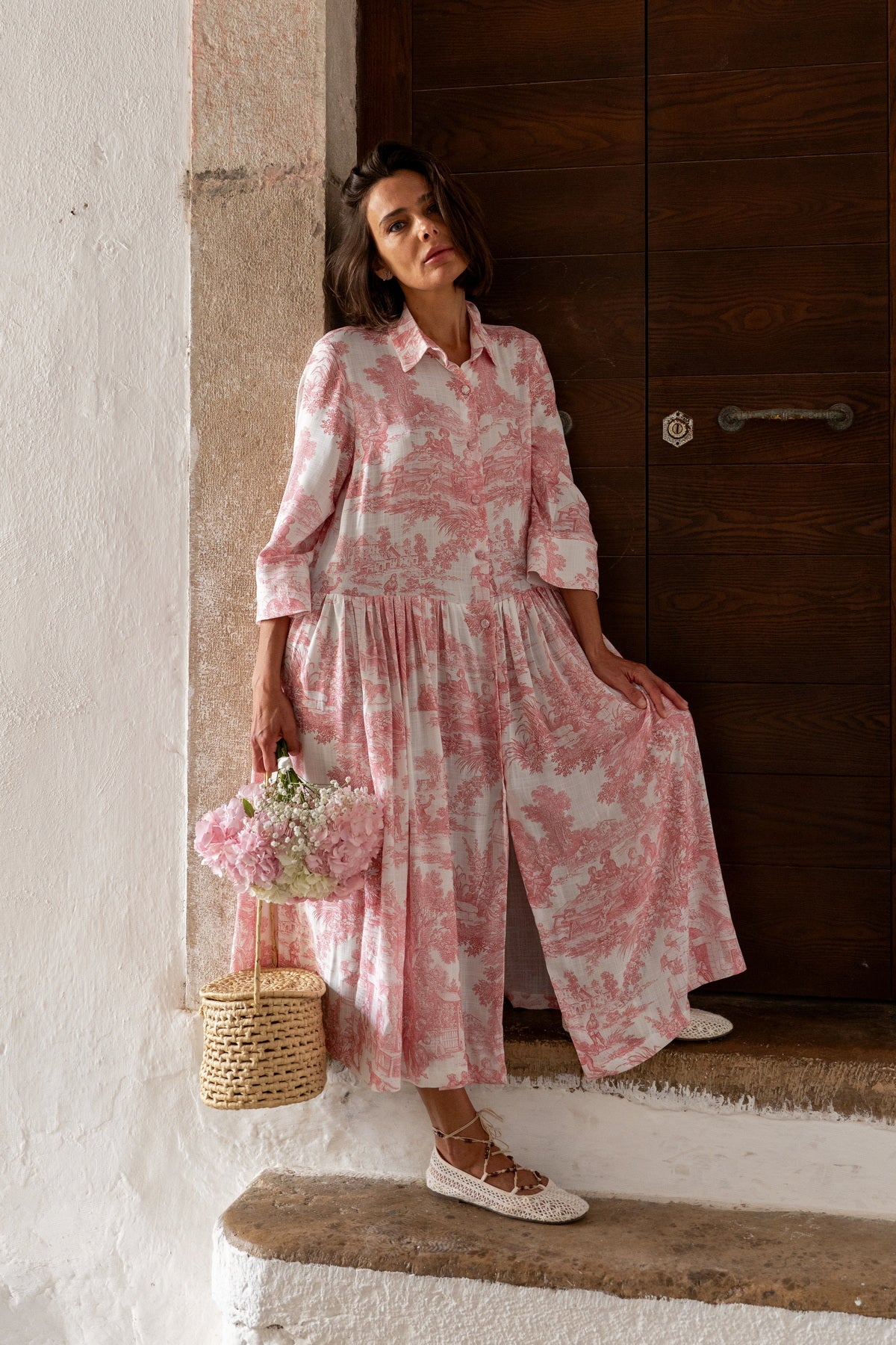 Abito Sofia stampa in Toile de Jouy rosa