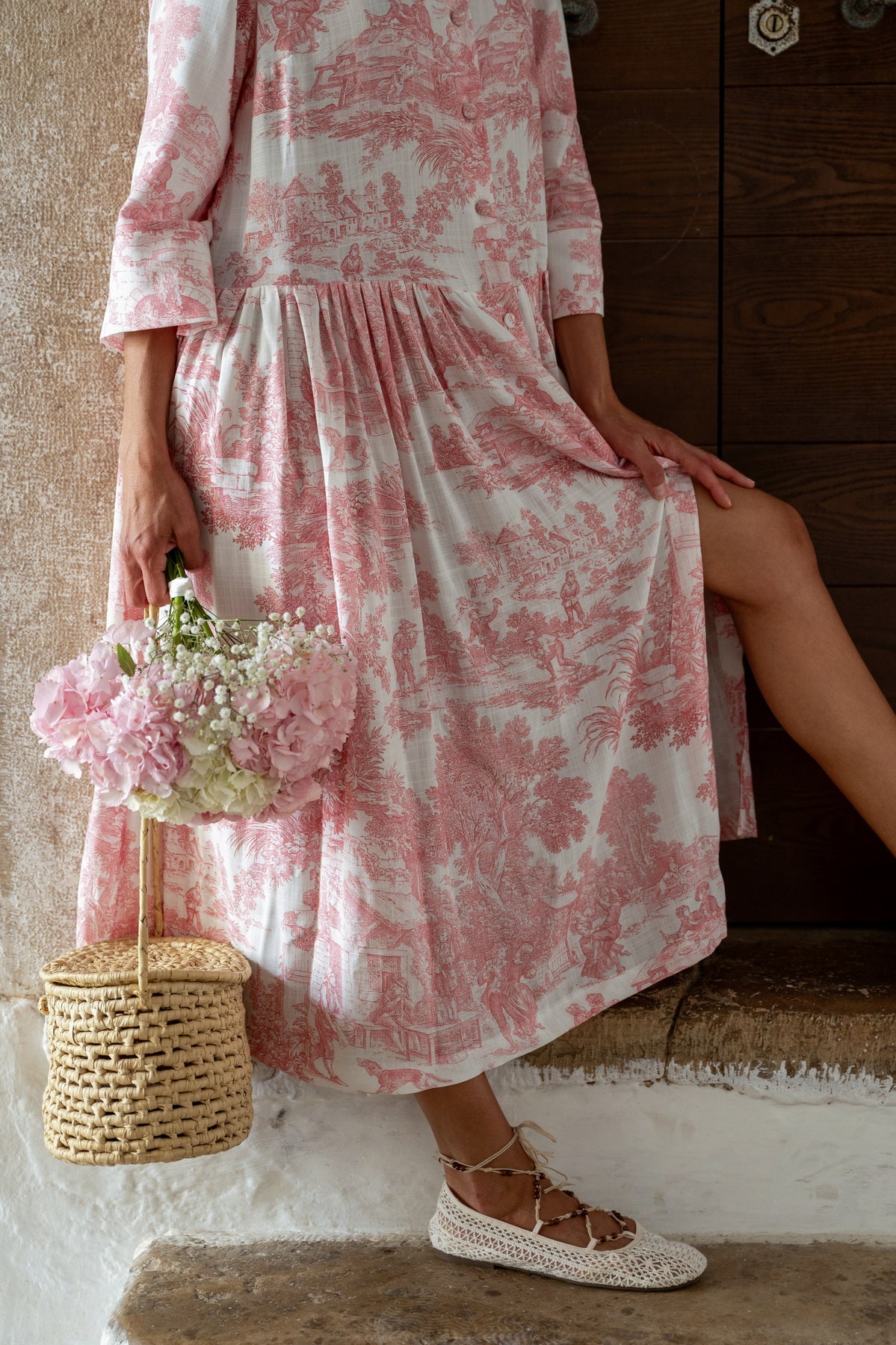 Abito Sofia stampa in Toile de Jouy rosa