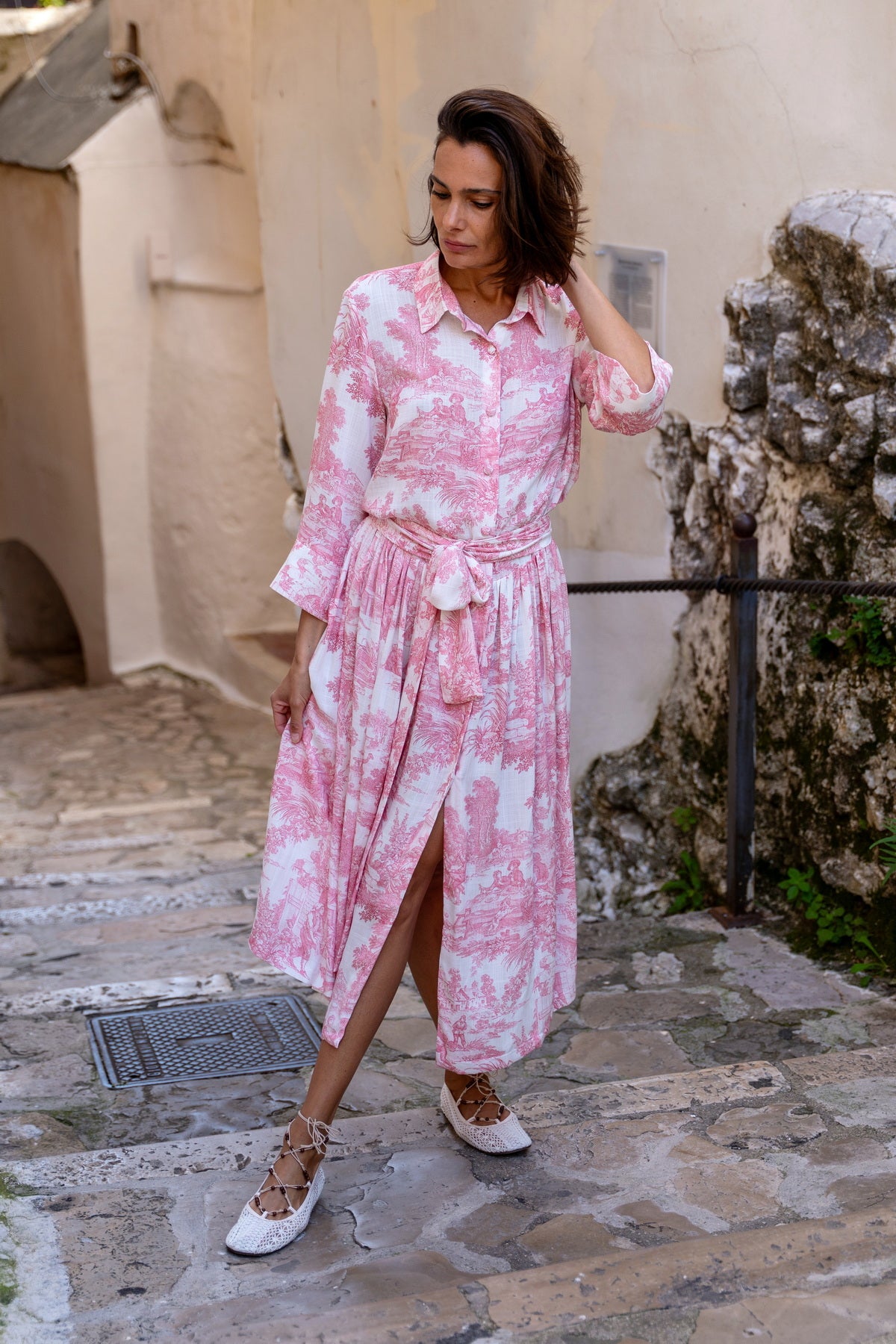 Abito Sofia stampa in Toile de Jouy rosa