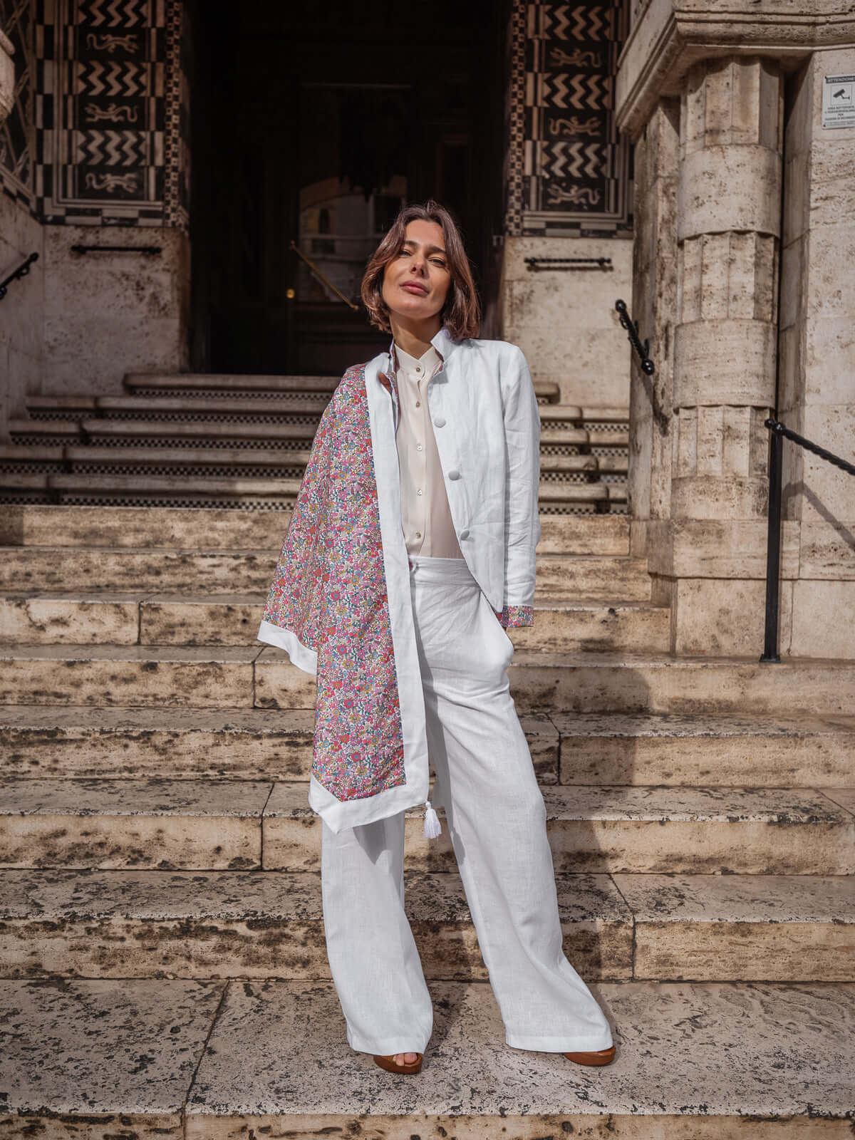 Giacca José in lino con riporti interni in cotone Liberty | Floralia