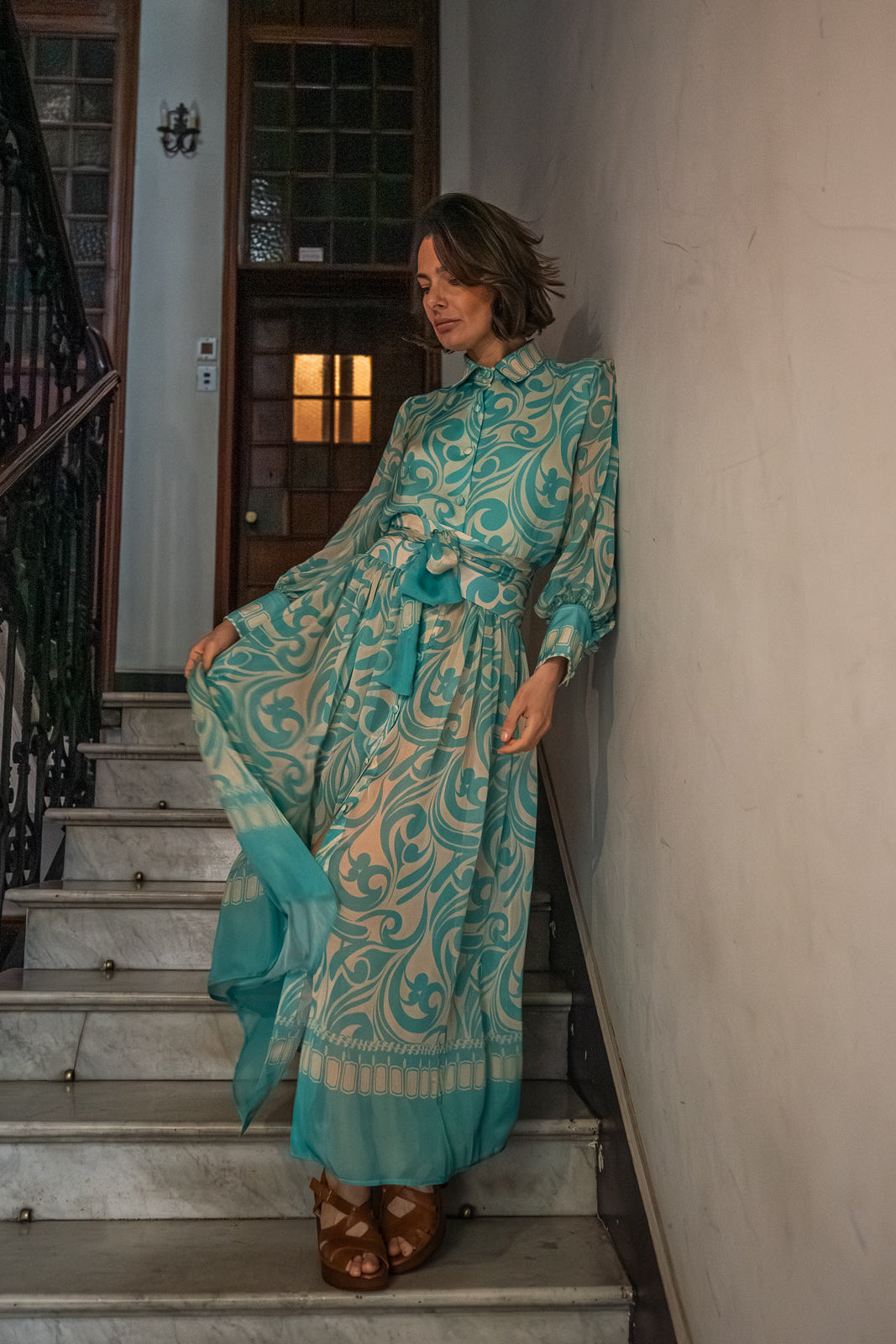 Abito Sofia in chiffon di seta turchese