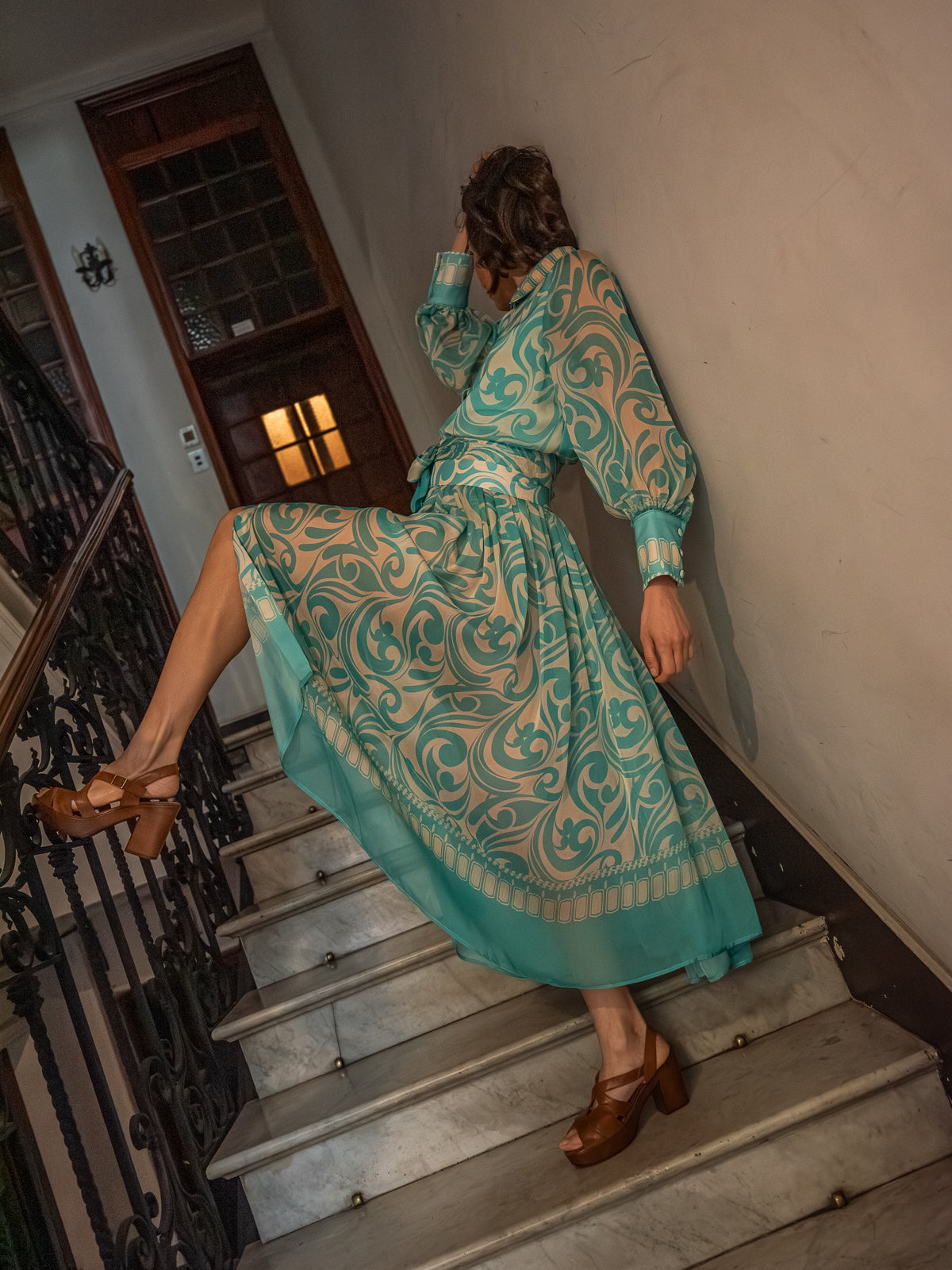 Abito Sofia in chiffon di seta turchese
