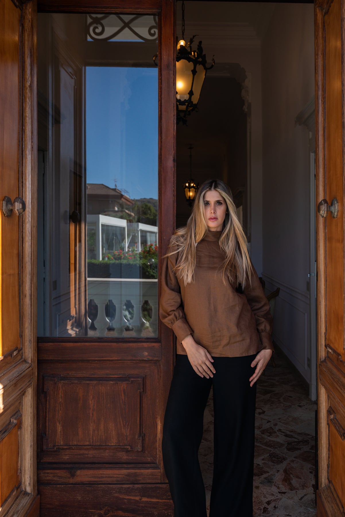 Blusa con foulard lino e lana camicia marrone