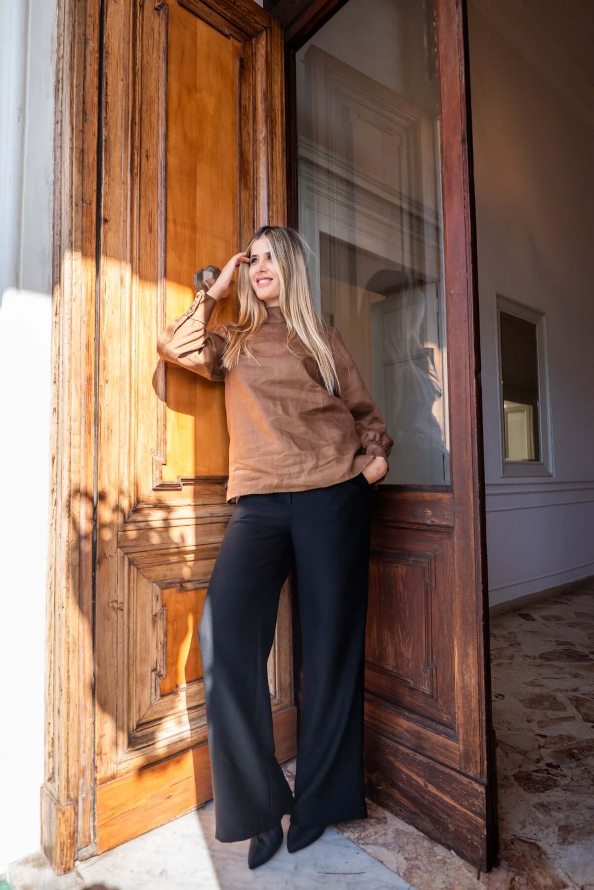 Blusa con foulard lino e lana camicia marrone