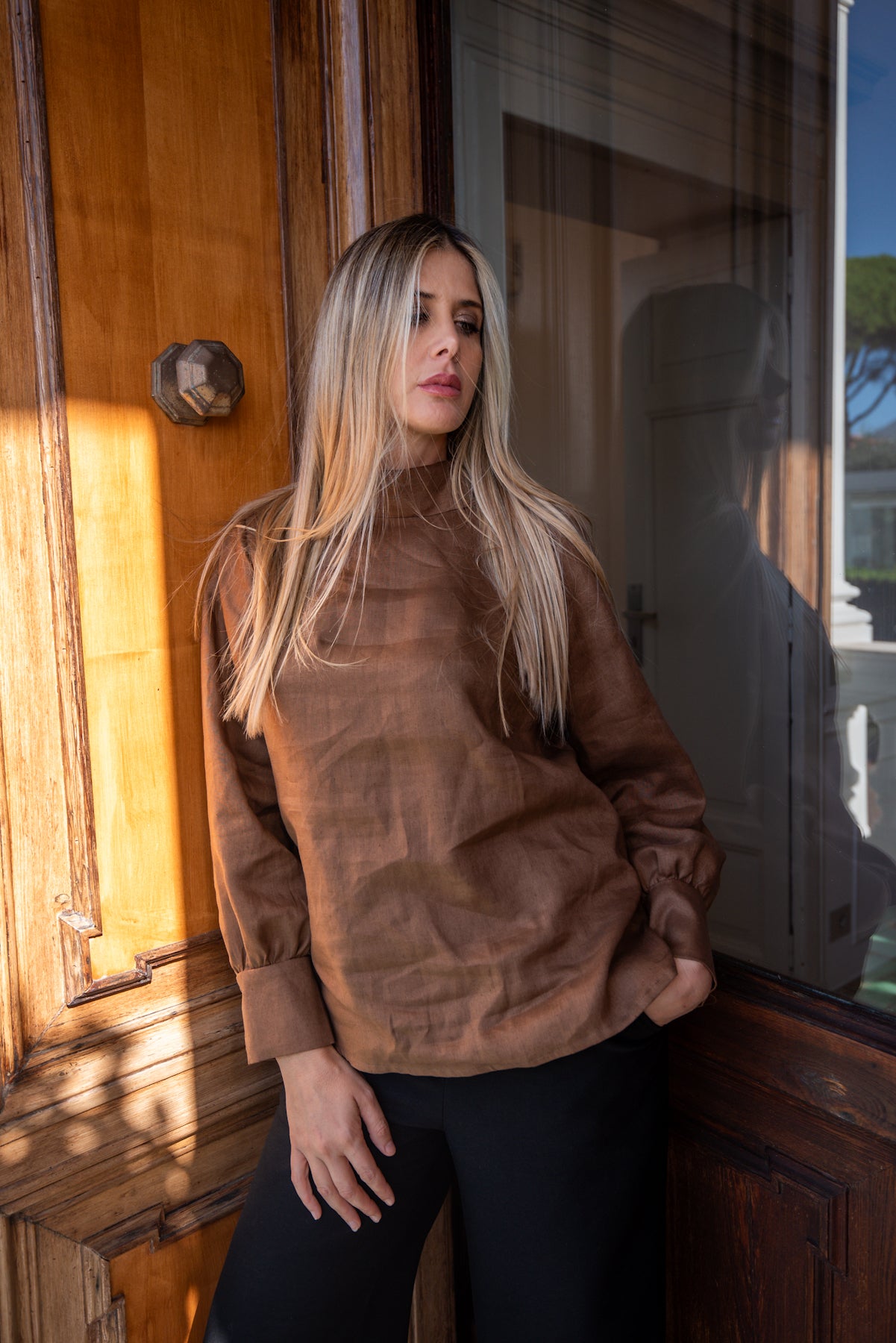 Blusa con foulard lino e lana camicia marrone