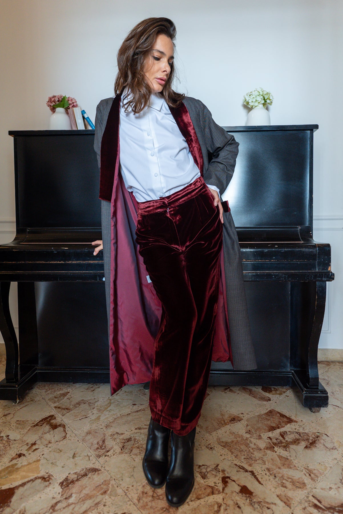 Spolverino in lana riporti velluto bordeux Britannia