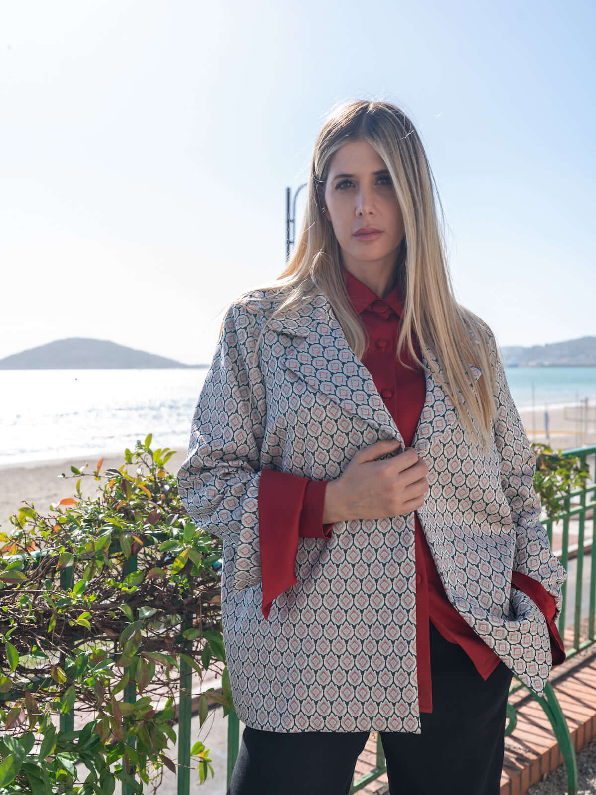Giacca Blazer broccato con doppio polsino rosso