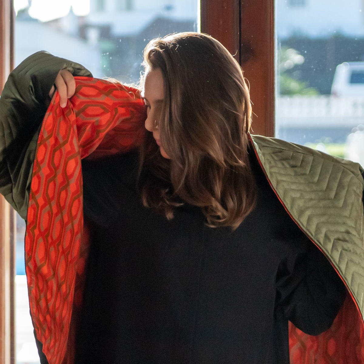 Piumino Reglan Reverso in Velluto Verde e danza rosso