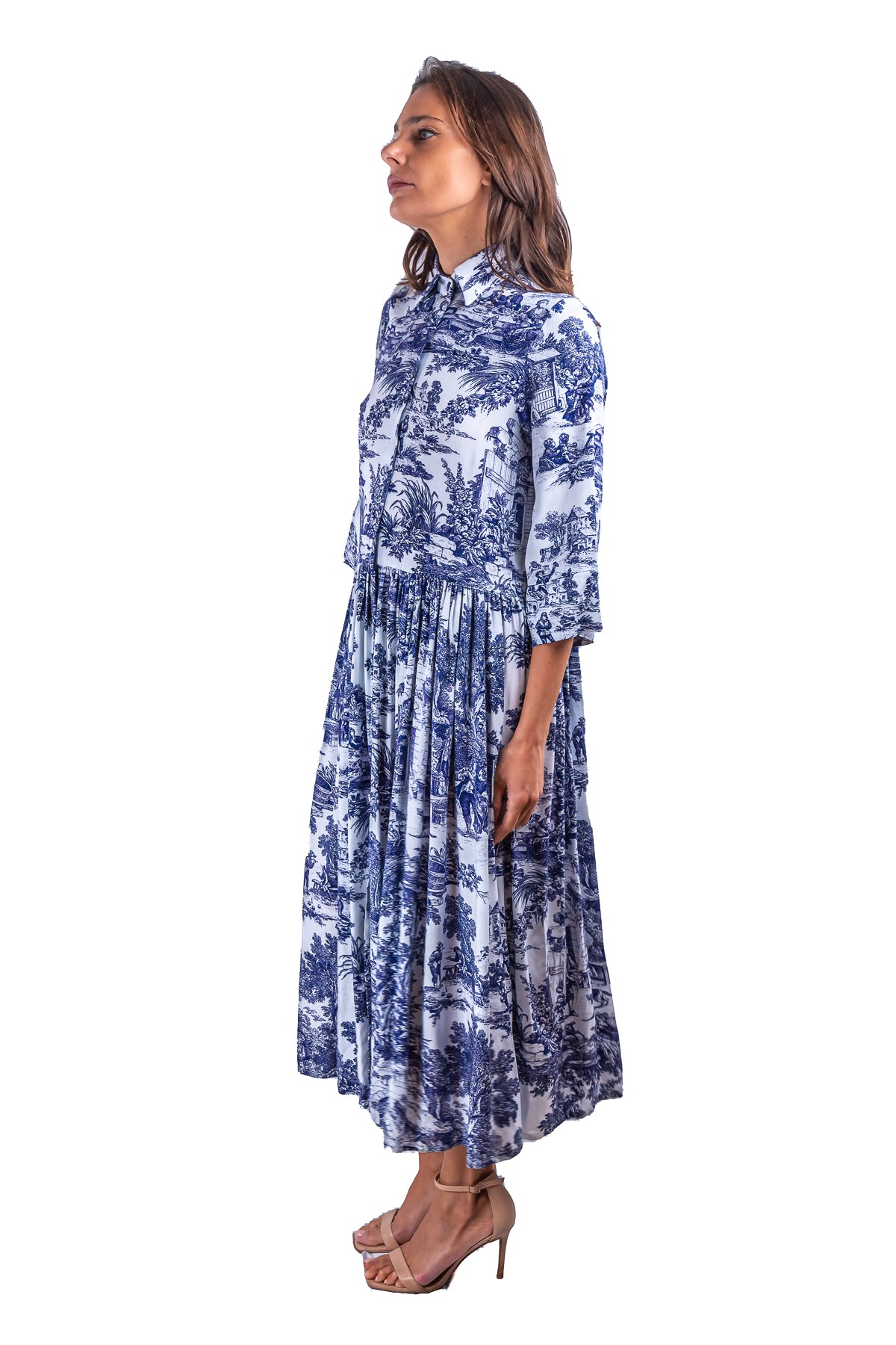 Abito Sofia stampa in Toile de Jouy Blu