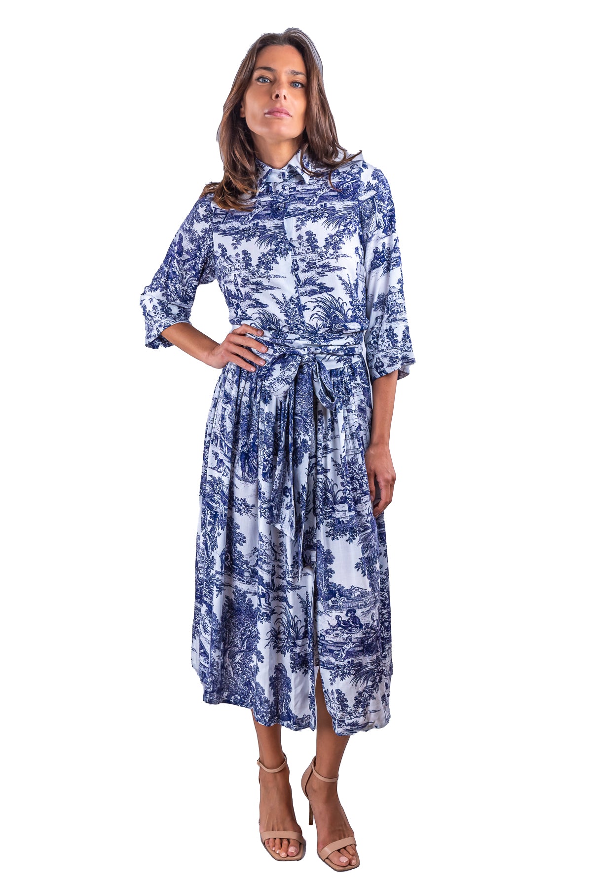 Abito Sofia stampa in Toile de Jouy Blu