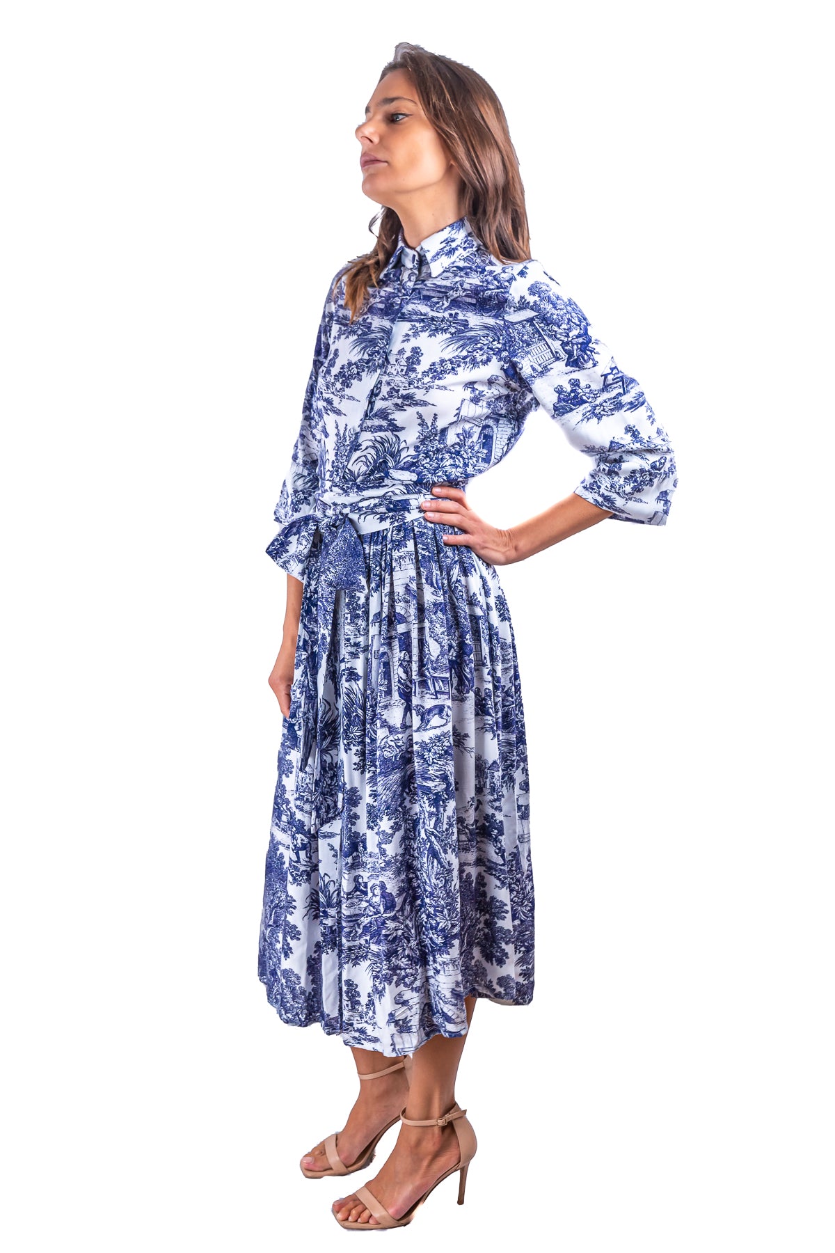 Abito Sofia stampa in Toile de Jouy Blu