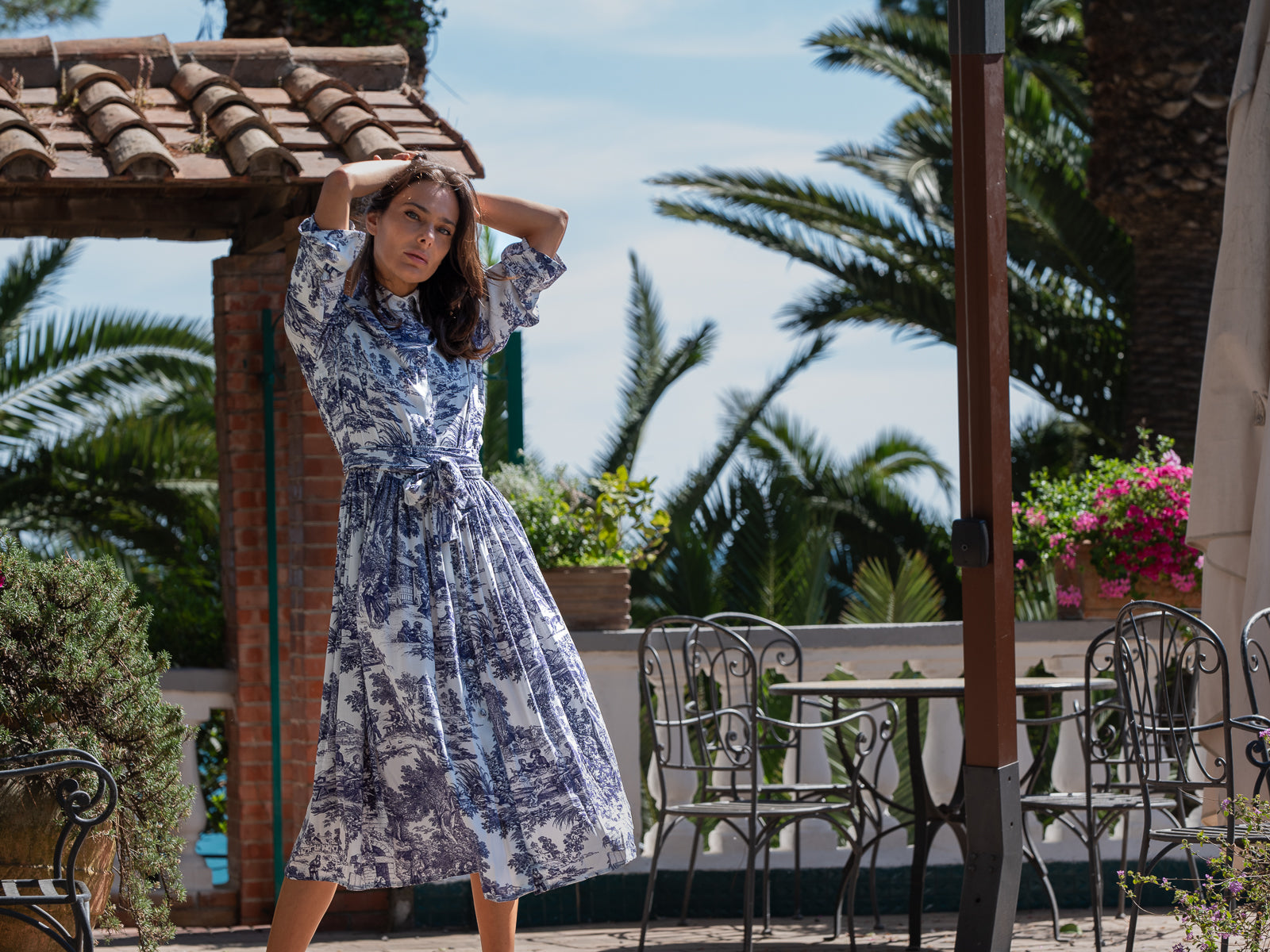 Abito Sofia stampa in Toile de Jouy Blu