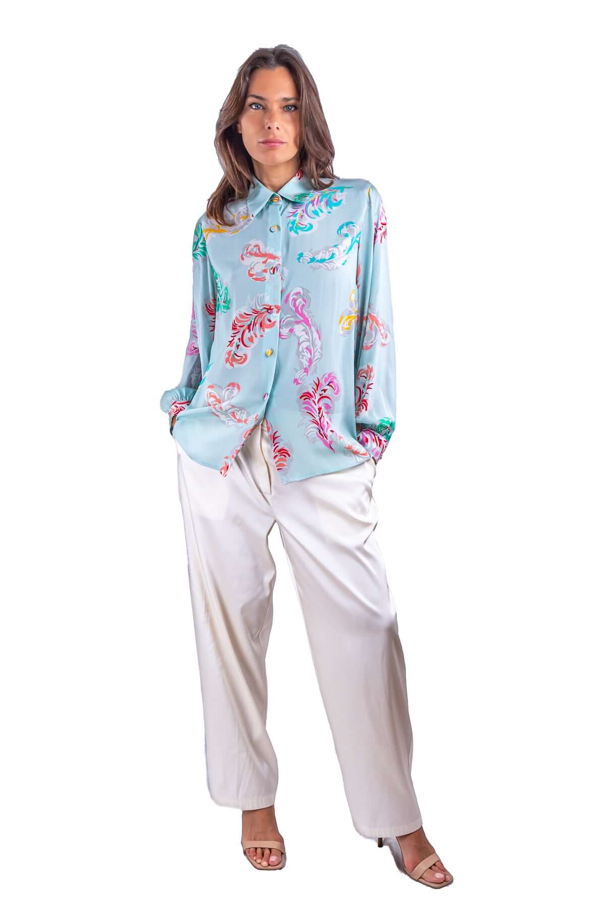 Elisabeth Shirt: Timeless Elegance in Silk Colorful Feathers