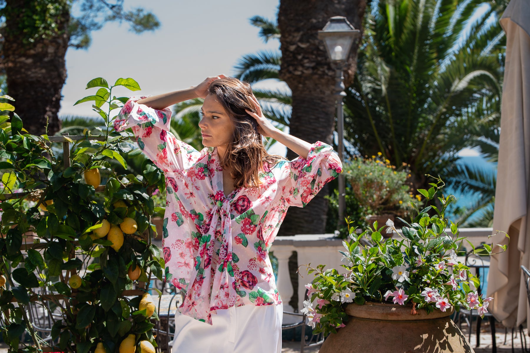Blusa Letizia Rosa in fiore in chiffon