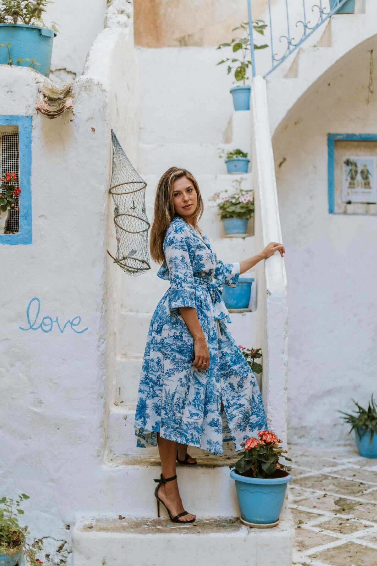 Abito Sofia stampa in toile de Jouy Blu