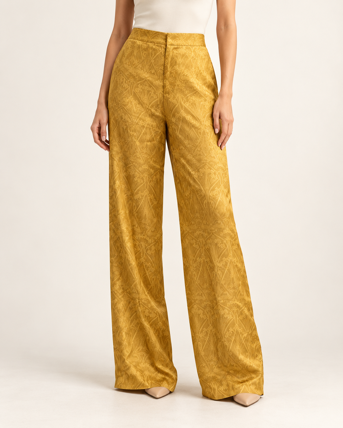 Pantalone Domus Aurea in viscosa oro champagne, modello palazzo, elegante e morbido, perfetto per ogni occasione.