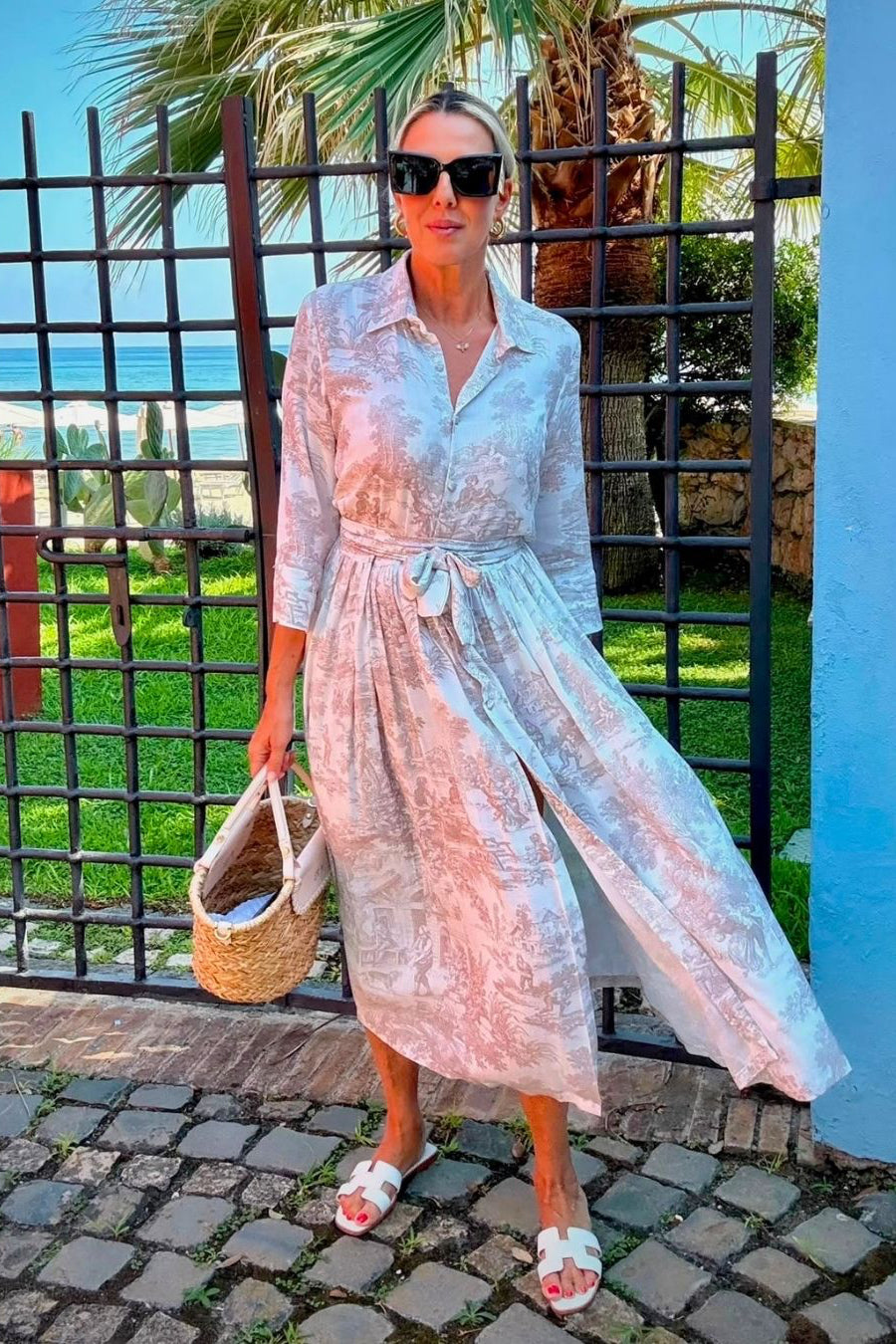 Abito Sofia stampa in Toile de Jouy Champagne