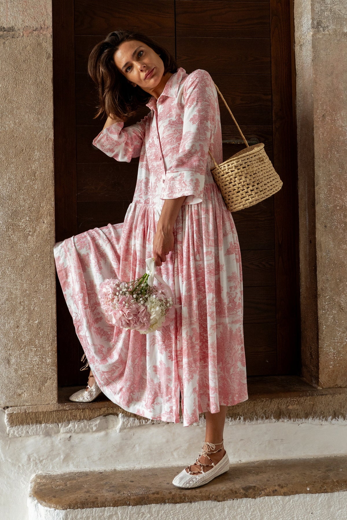 Abito Sofia stampa in Toile de Jouy rosa