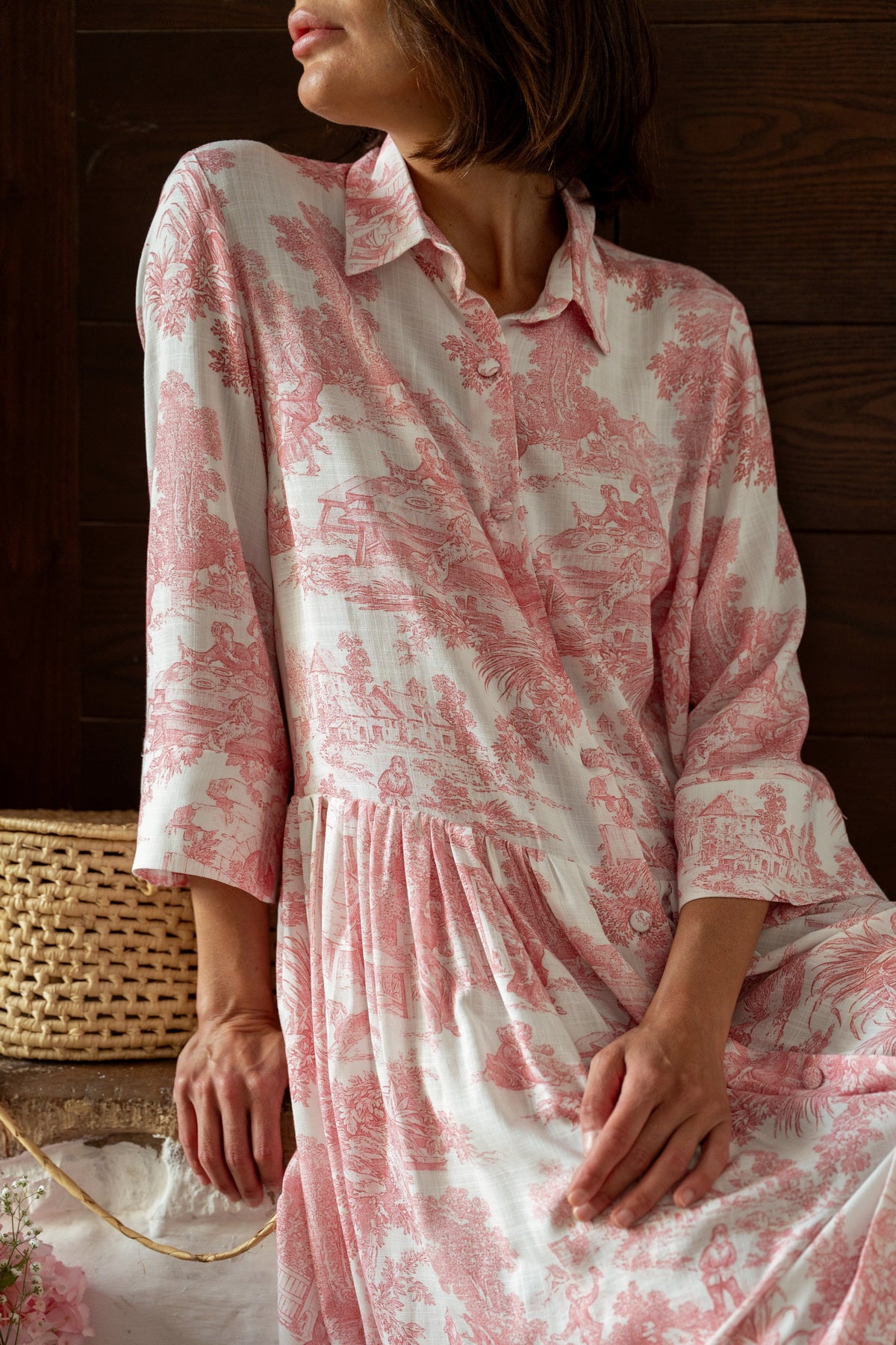 Abito Sofia stampa in Toile de Jouy rosa