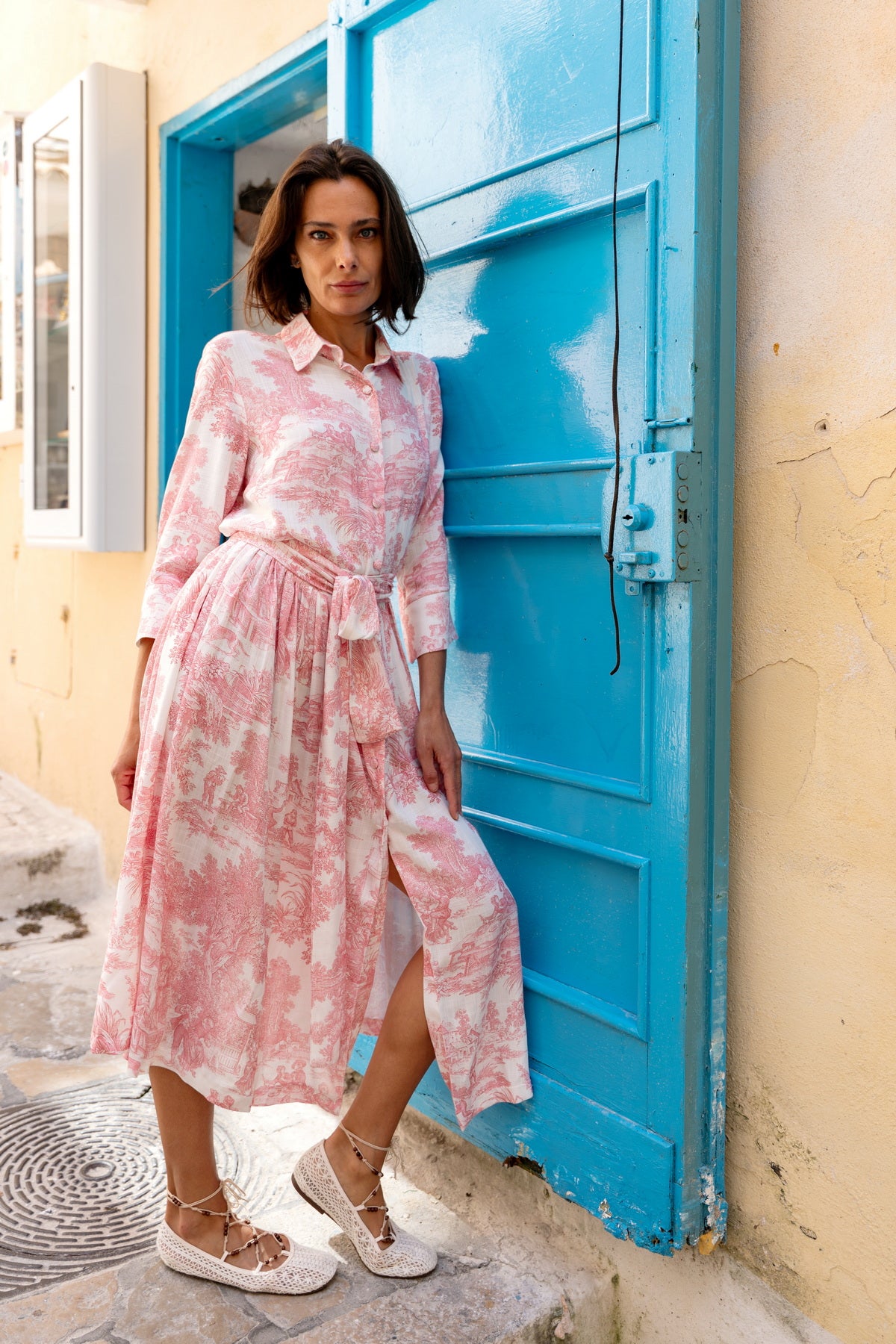Abito Sofia stampa in Toile de Jouy rosa