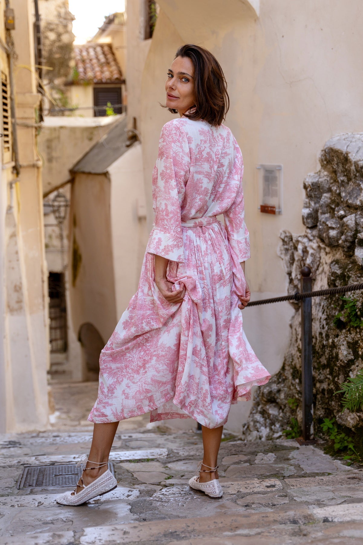 Abito Sofia stampa in Toile de Jouy rosa