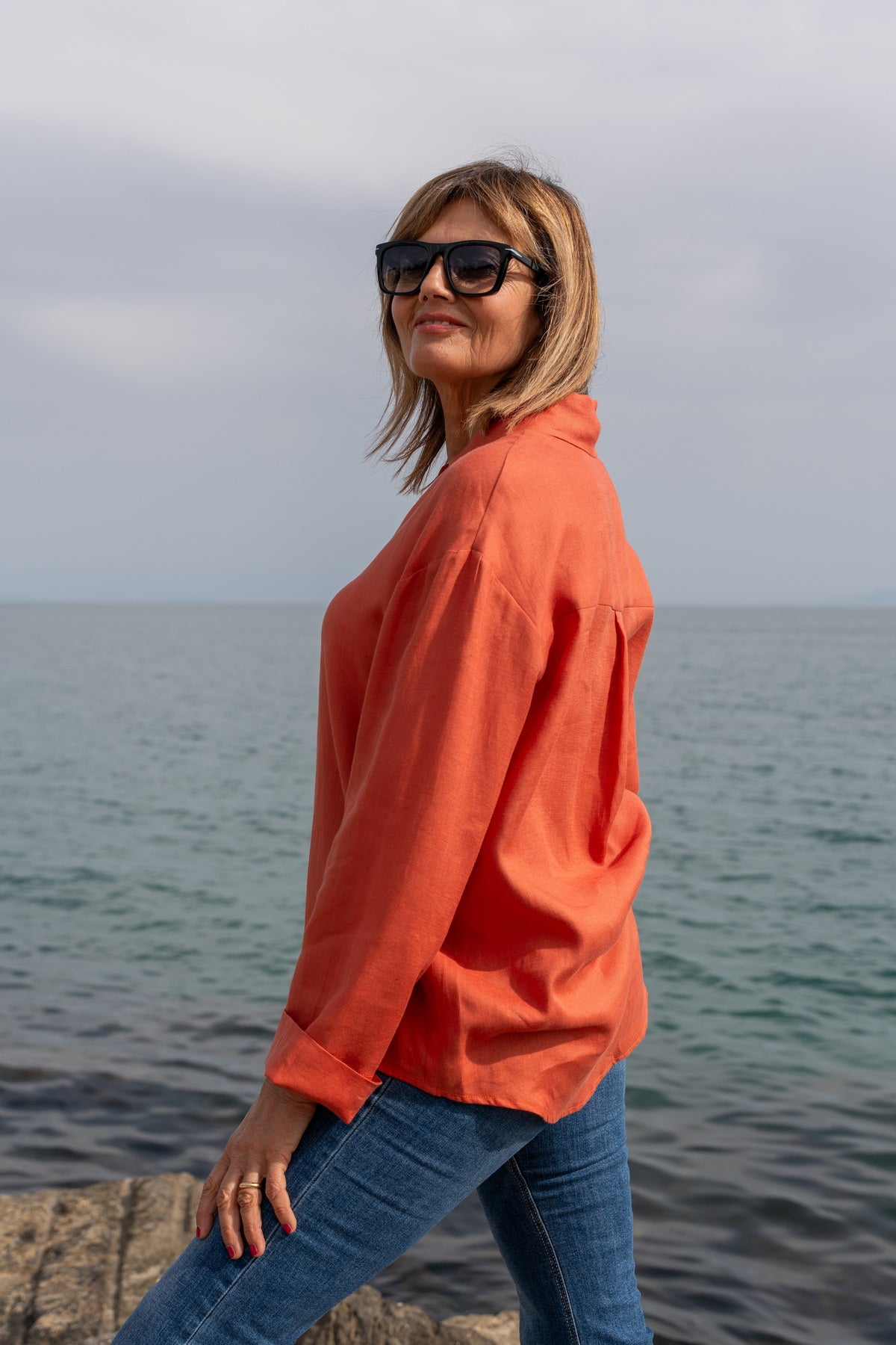 Camicia Capri in lino corallo