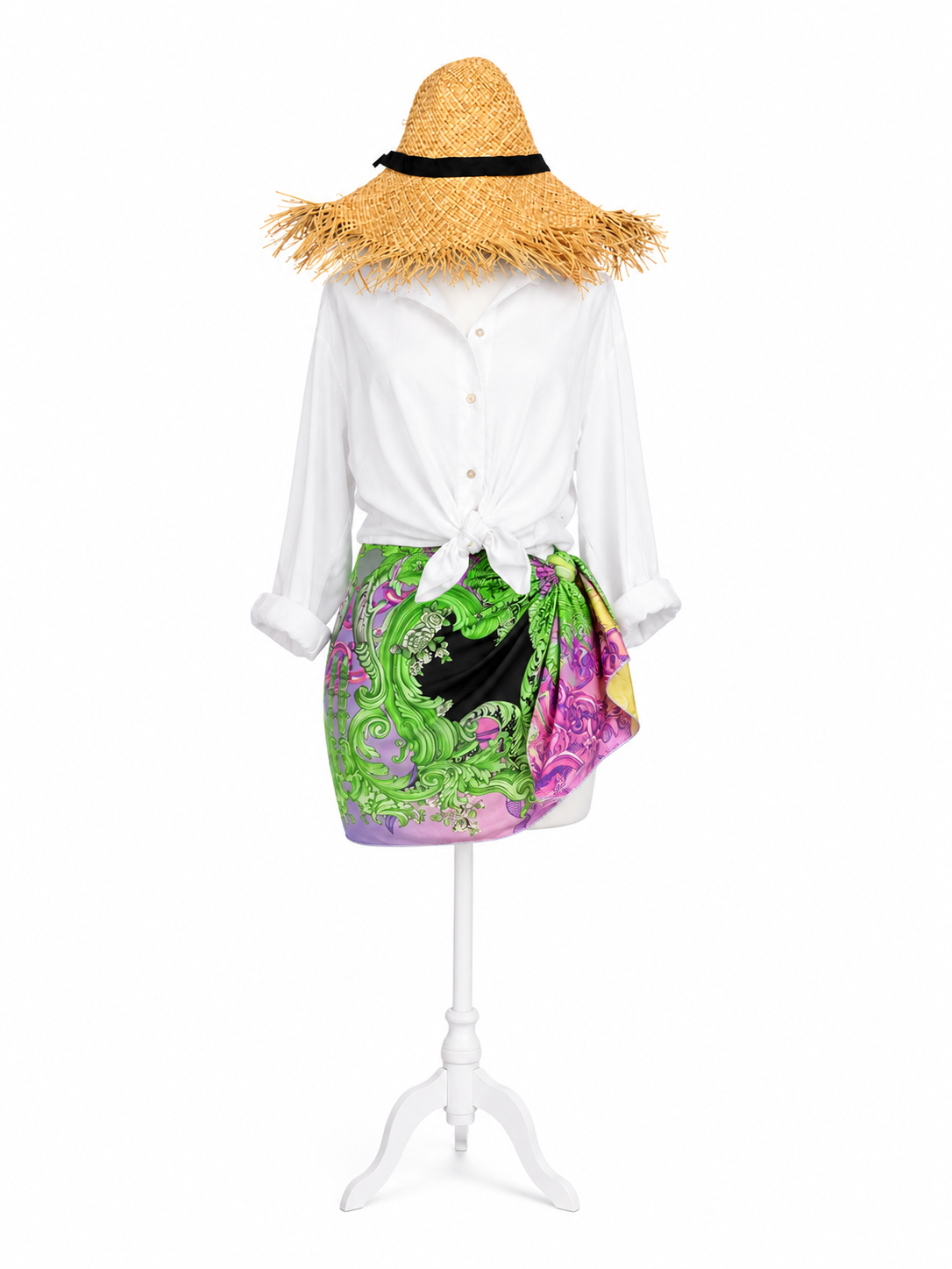 Completo Camicia Capri bianca +gonna pareo in seta in twill nero