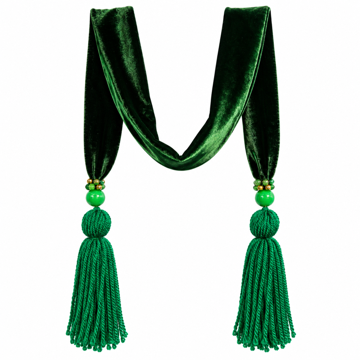 Sciarpa Eterna in velluto di seta con nappine gioiello Verde, elegante accessorio artigianale.