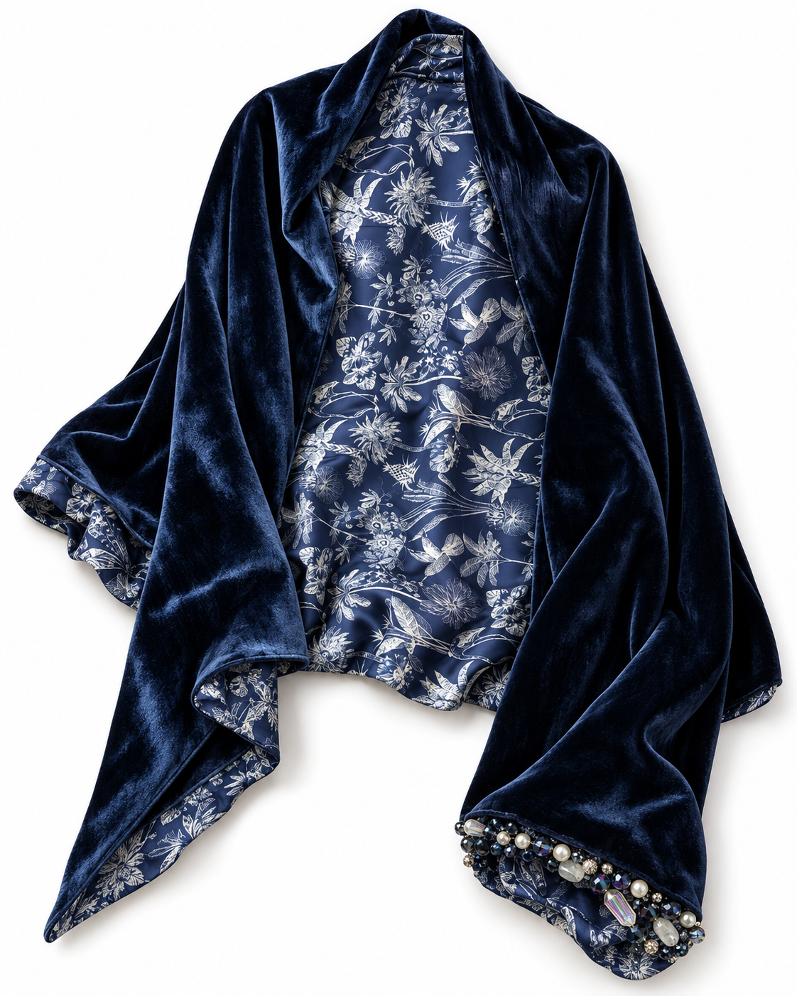 Mantella Monospalla Eterna in velluto di seta Liberty, con design originale e ricamo elegante.