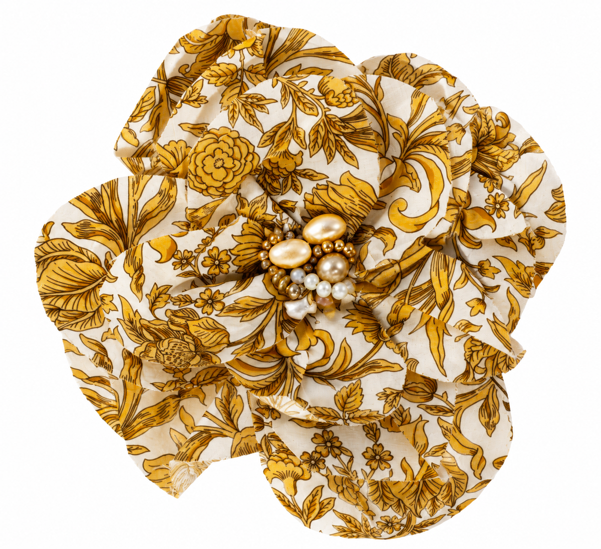 spilla imperiale calamita in tessuto Liberty con dettagli floreali e perle decorative.