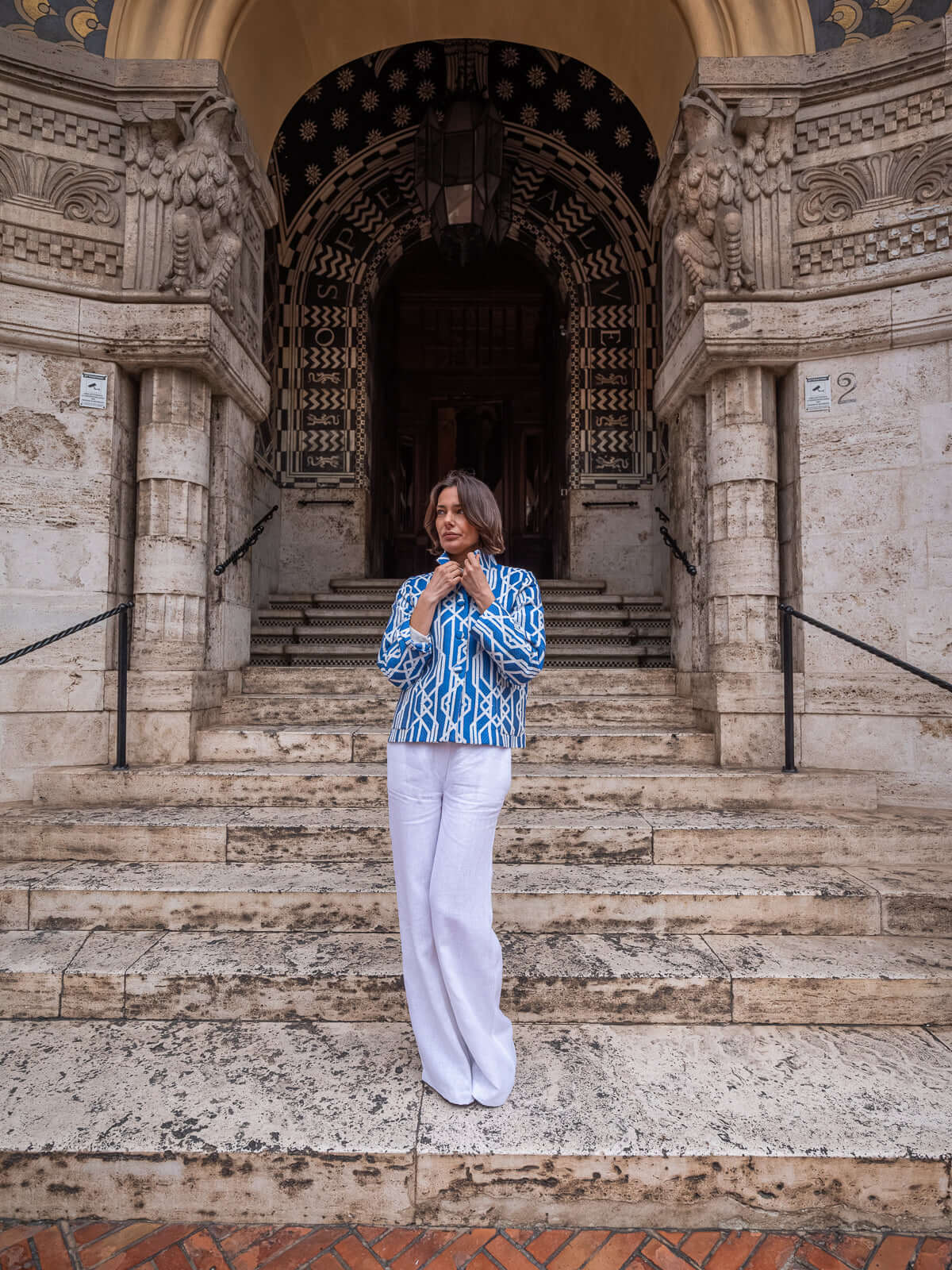 Giacca Calla in Jacquard Blu e Bianco  | Atelier Floralia