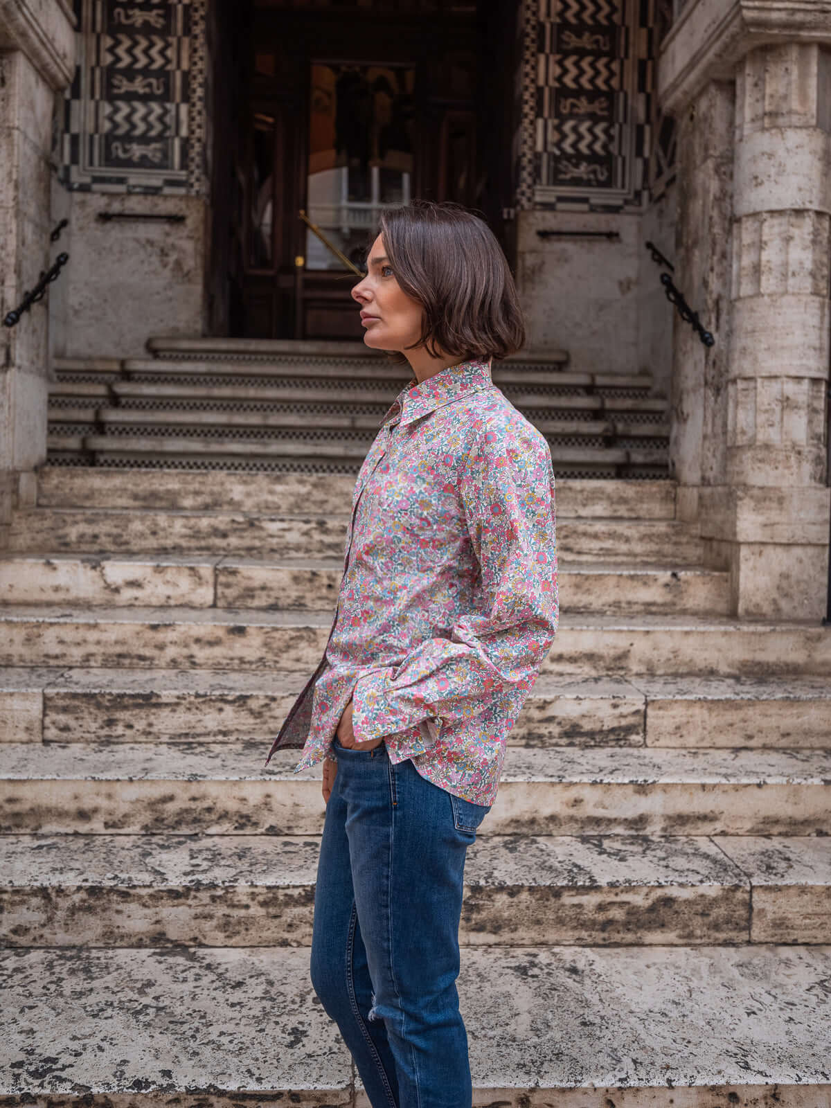 Camicia in Cotone Liberty — fiori rosa | Floralia