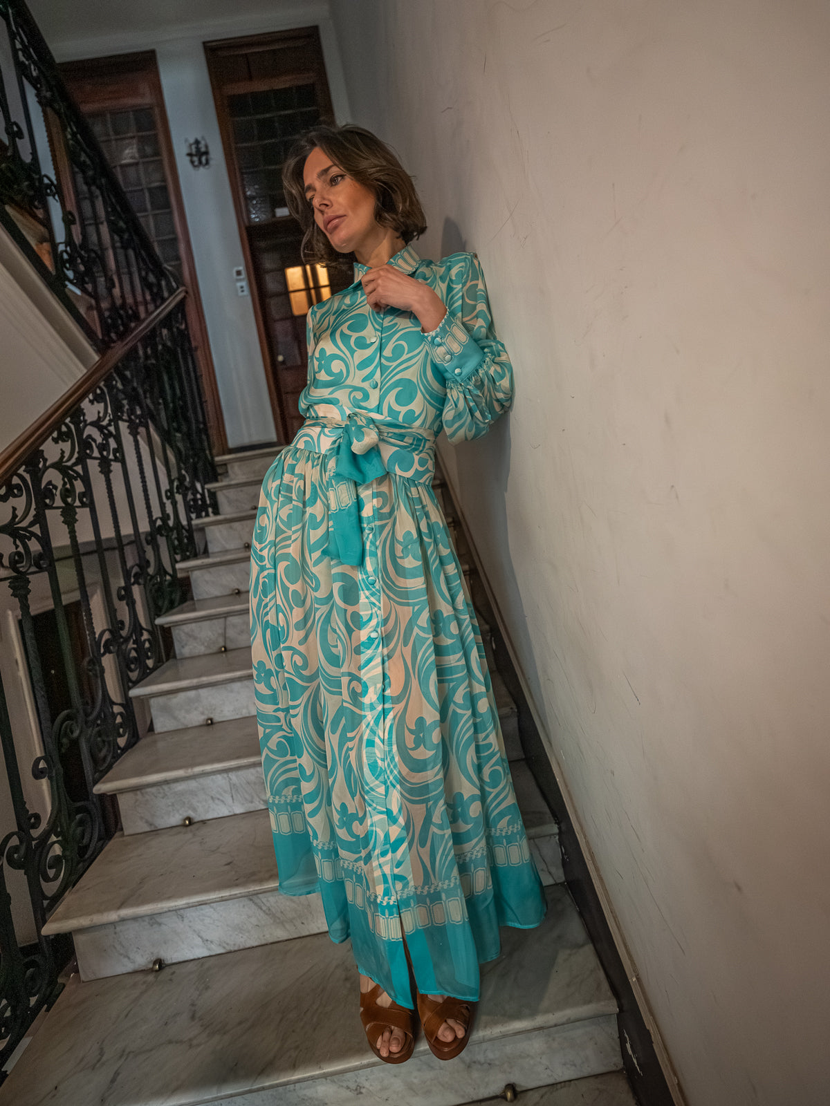 Abito Sofia in chiffon di seta turchese 
