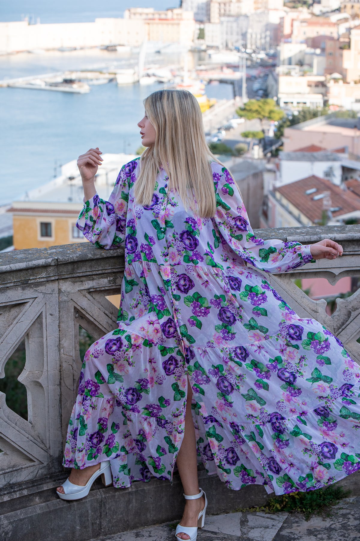Abito Carla in seta chiffon pois e fiori