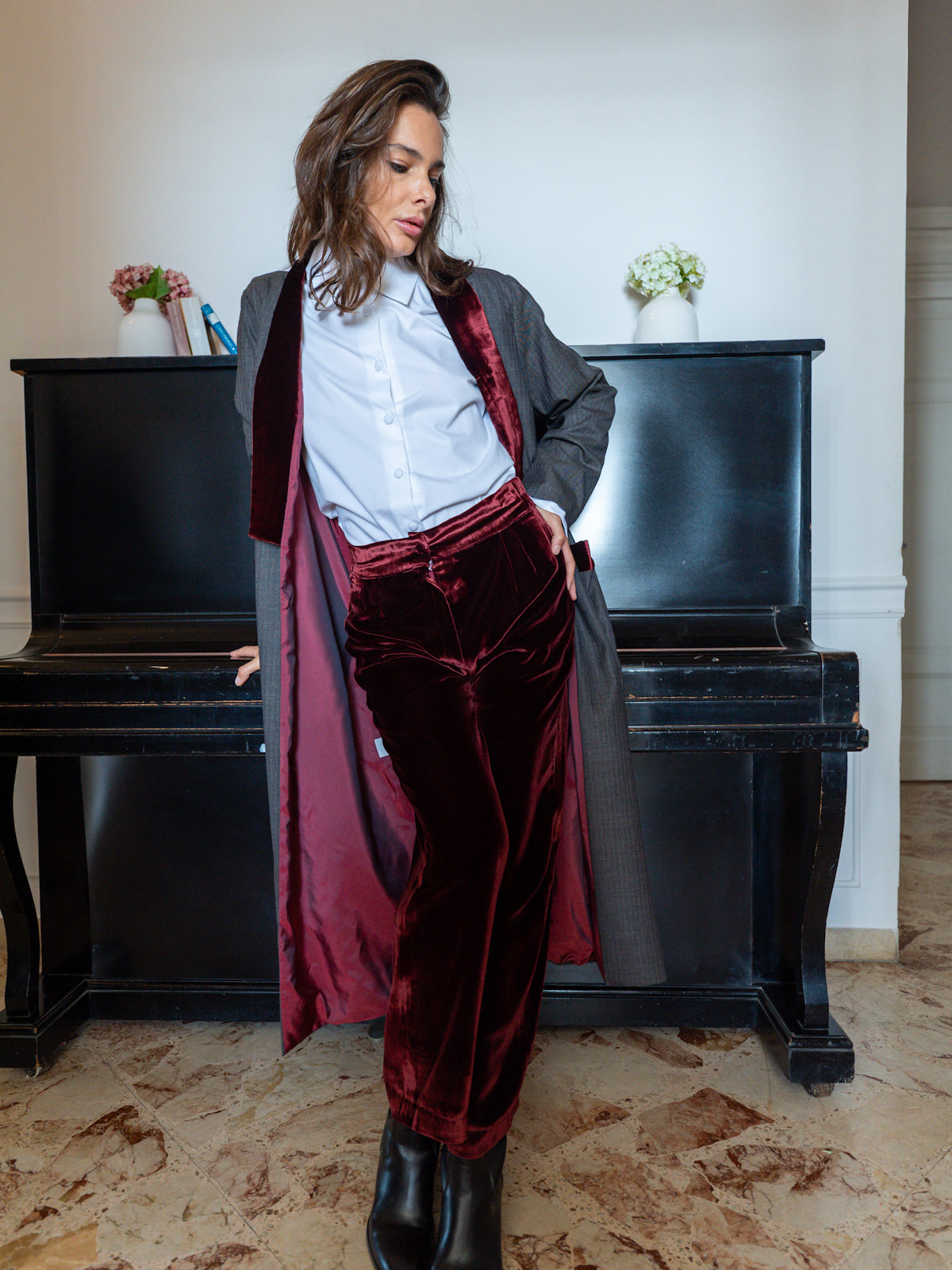 Spolverino in lana riporti velluto bordeux Britannia