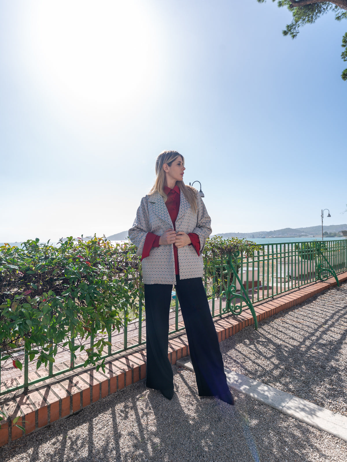 Giacca Blazer broccato con doppio polsino rosso