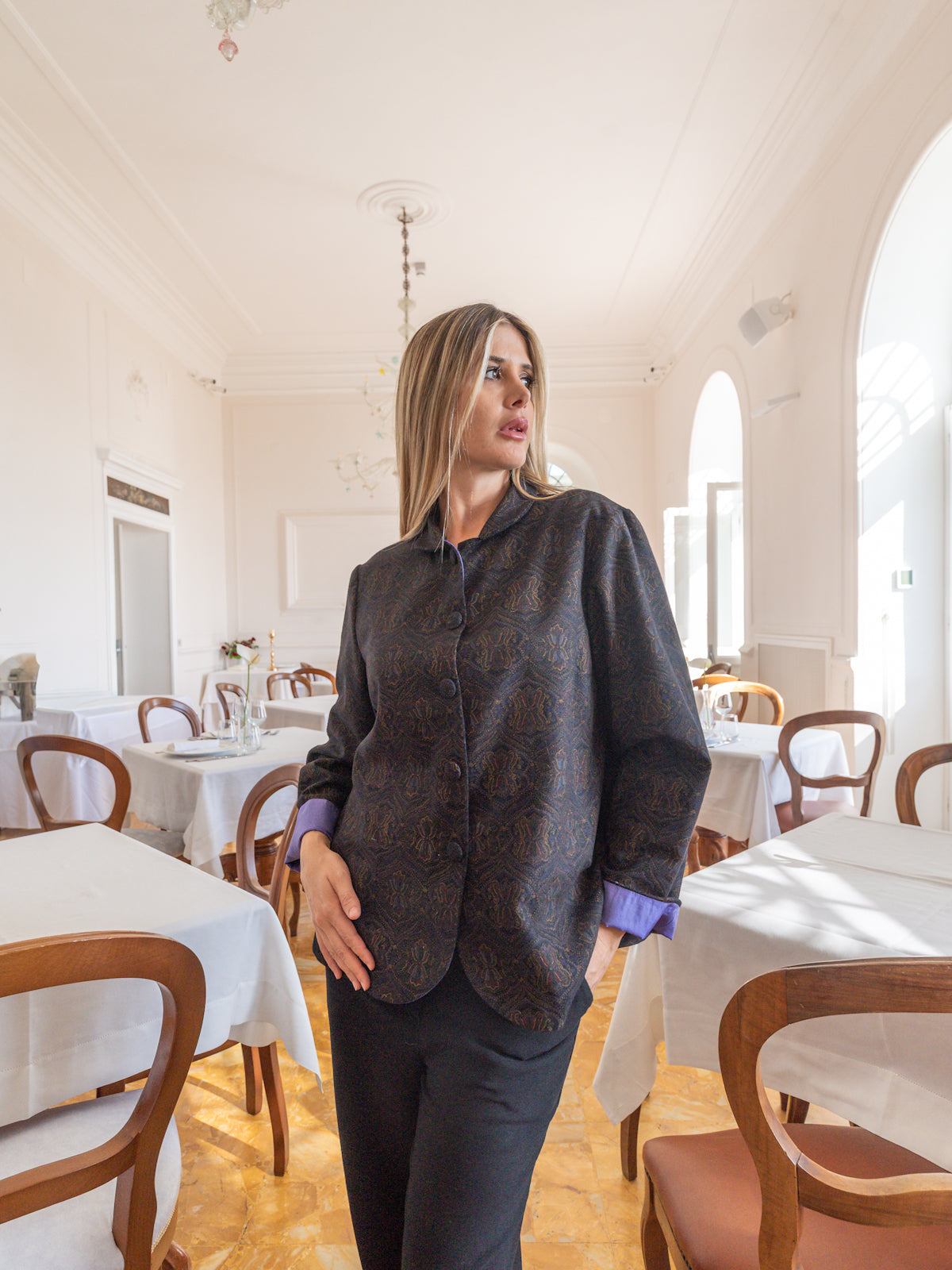 Giacca camicia José in lana e riporti viola