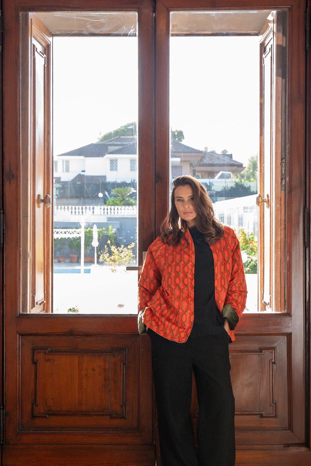 Piumino Reglan Reverso in Velluto Verde e danza rosso