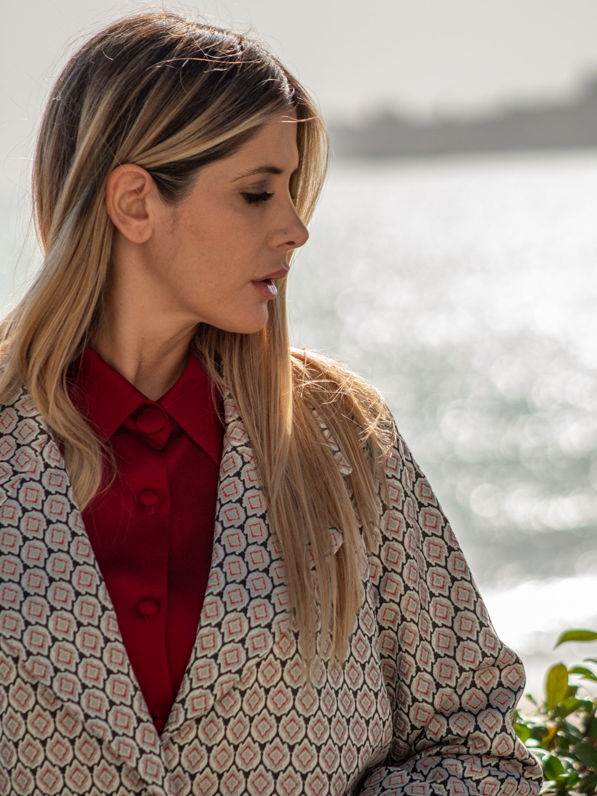 Giacca Blazer broccato con doppio polsino rosso