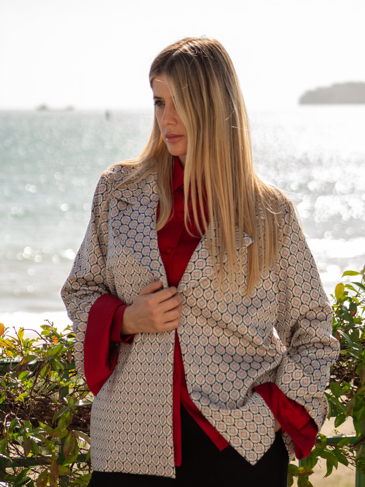 Giacca Blazer broccato con doppio polsino rosso