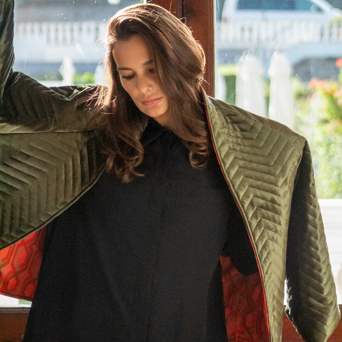 Piumino Reglan Reverso in Velluto Verde e danza rosso