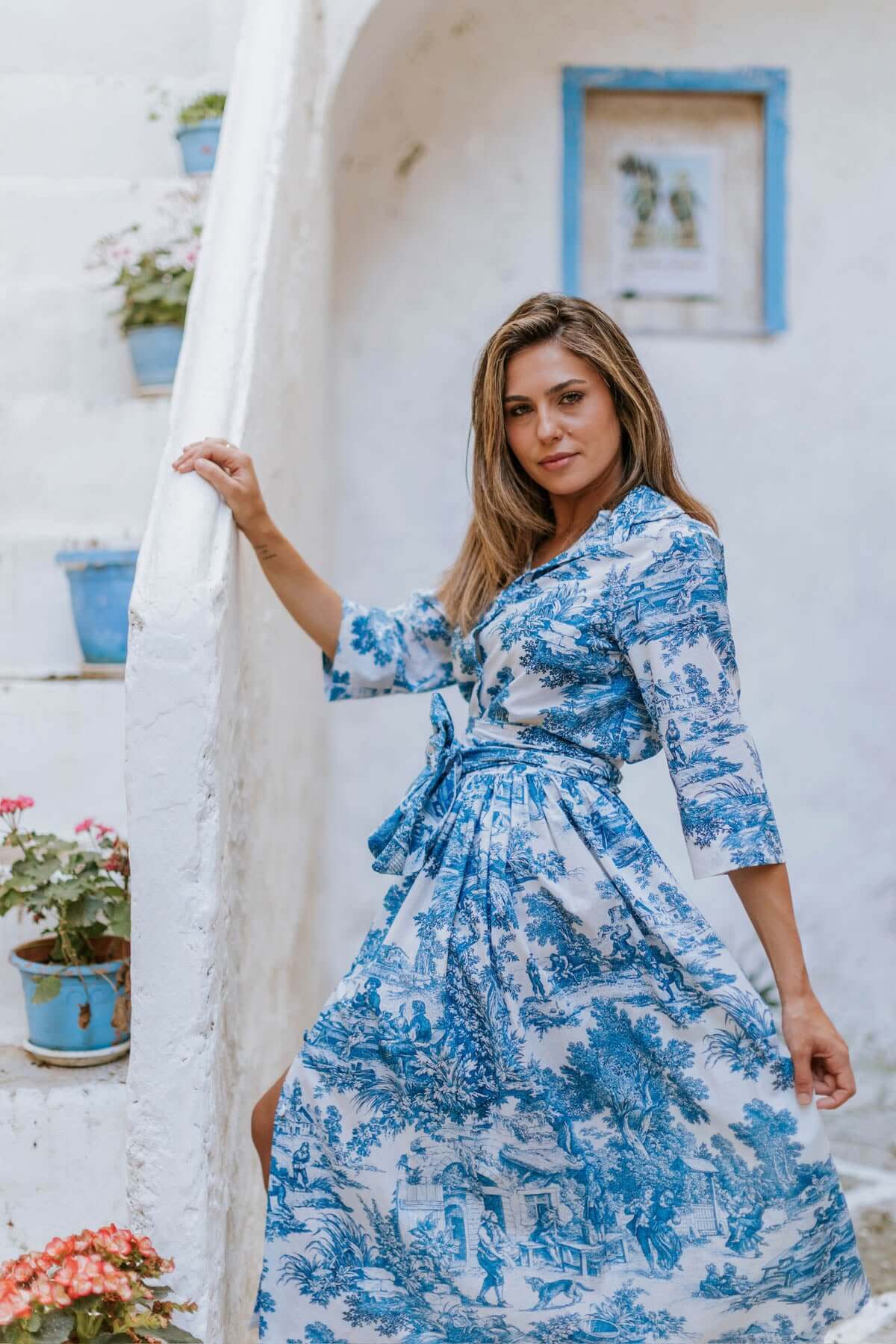 Abito Sofia stampa in toile de Jouy Blu